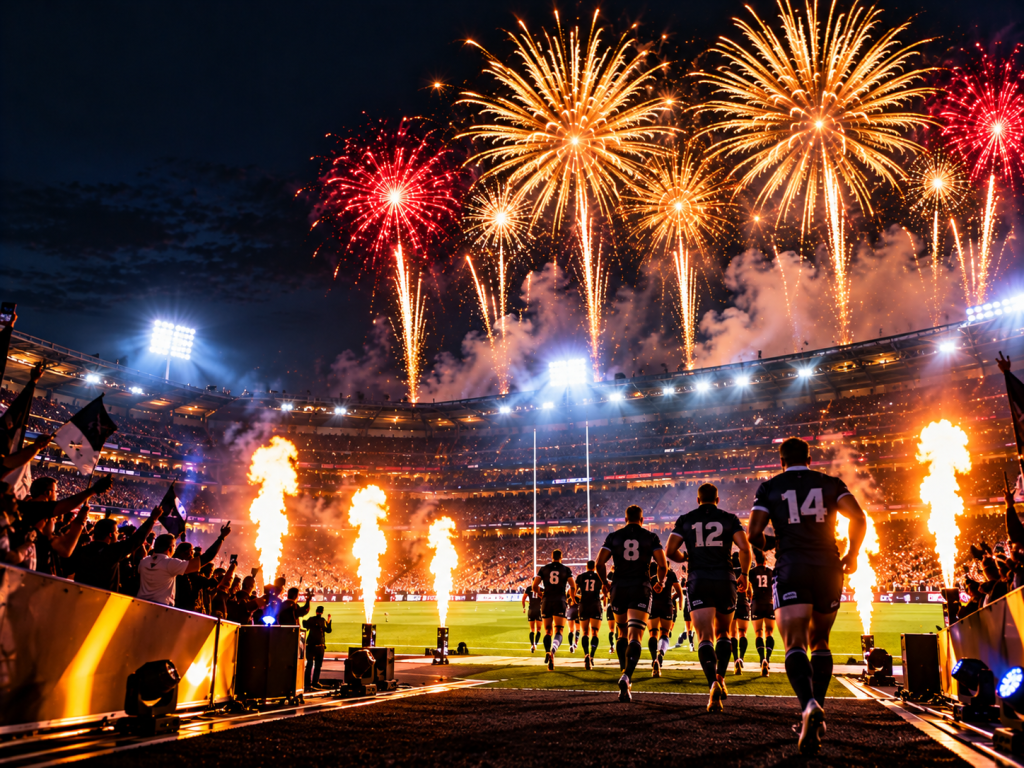 Rugby Team Enters Under Fireworks